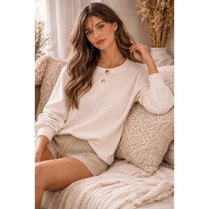 Falls Creek Romy Puff Sleeve Henley Sweatshirt Ivory Minimalist Cottage Large